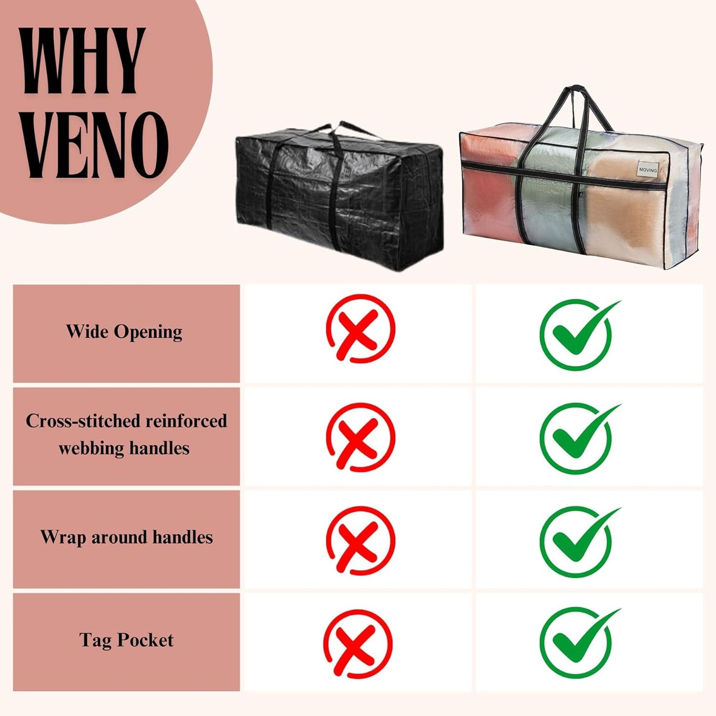 VENO Extra Large Moving Bags - Heavy Duty Storage Solution for College & Christmas Tree | 4 Pack, Clear