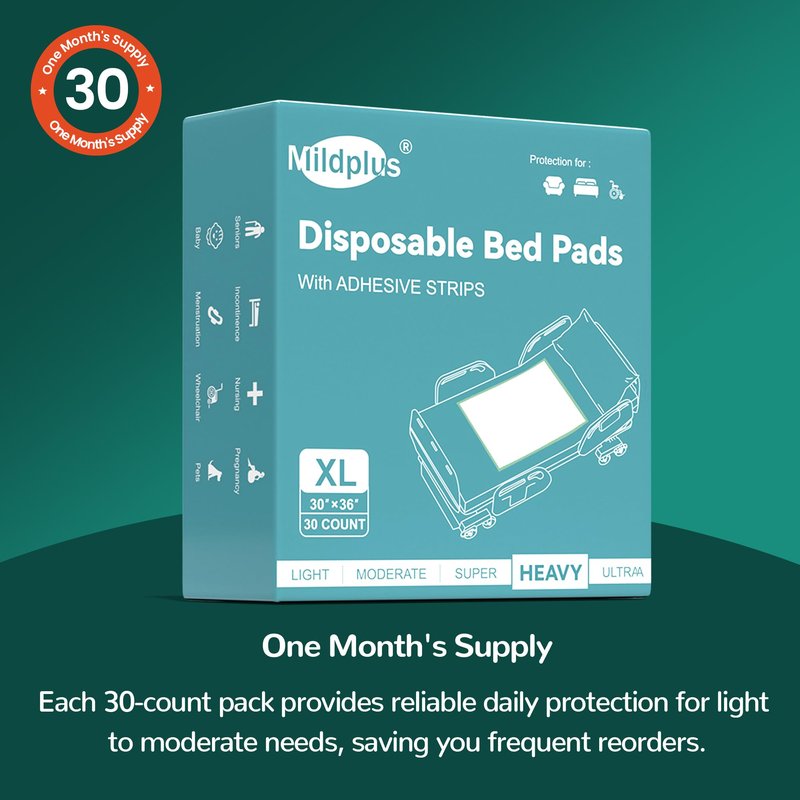 MILDPLUS Bed Pads with Adhesive Strips 30''X36'', 30 Count Chucks Disposable Underpads Extra Large Thicker Incontinence Pads for Unisex Adult, Senior, Kids and Pet (with Adhesive )