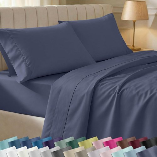 California Design Den Queen Size Bed Sheets Set - 100% Cotton, 400 TC, Smooth Sateen Finish, Deep Pockets - Indigo Dusty Blue