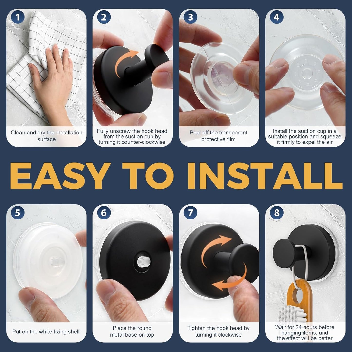 Skiennix Large Suction Cup Hooks - Reusable No-Drill Bathroom Towel Hooks | 4 Pack in Matte Black
