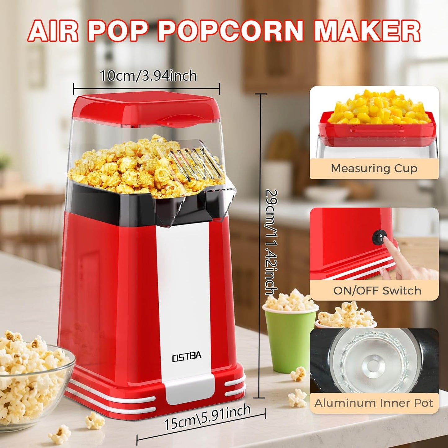OSTBA Popcorn Maker - 1200W Mini Retro Air Popper with Butter Tray | Oil-Free, Compact Design for Home & Gifts