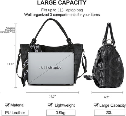 Zuoge Women’s Skull Tote Bag - Revit Studded PU Leather Handbag & Wallet Set with Scarf (3 Pcs)