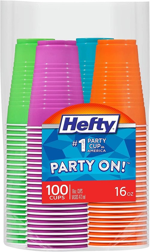 Hefty Party On Disposable Plastic Cups - 16 Ounce Assorted Colors | 100 Count Pack