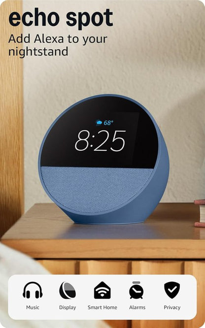 Echo Spot by Amazon - Smart Alarm Clock with Alexa | Ideal for Nightstands & Offices | Ocean Blue