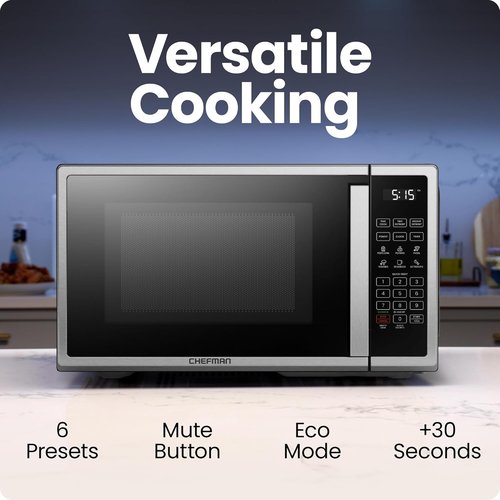 Chefman Microwave Oven - 0.7 Cu. Ft. Digital Stainless Steel | 700 Watts, 6 Auto Menus, Eco Mode & Child Safety Lock