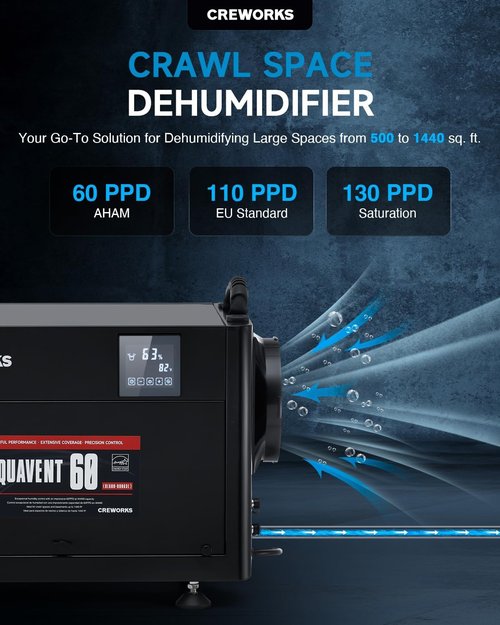CREWORKS 130 PPD Crawl Space Dehumidifier - Commercial Basement Unit with Auto Defrost & Drain Hose