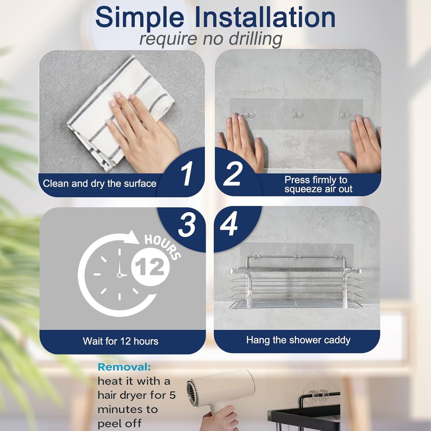 Skiennix Shower Caddy Adhesive Replacement | 4 Pack Strong Hooks for No-Drill Bathroom Storage