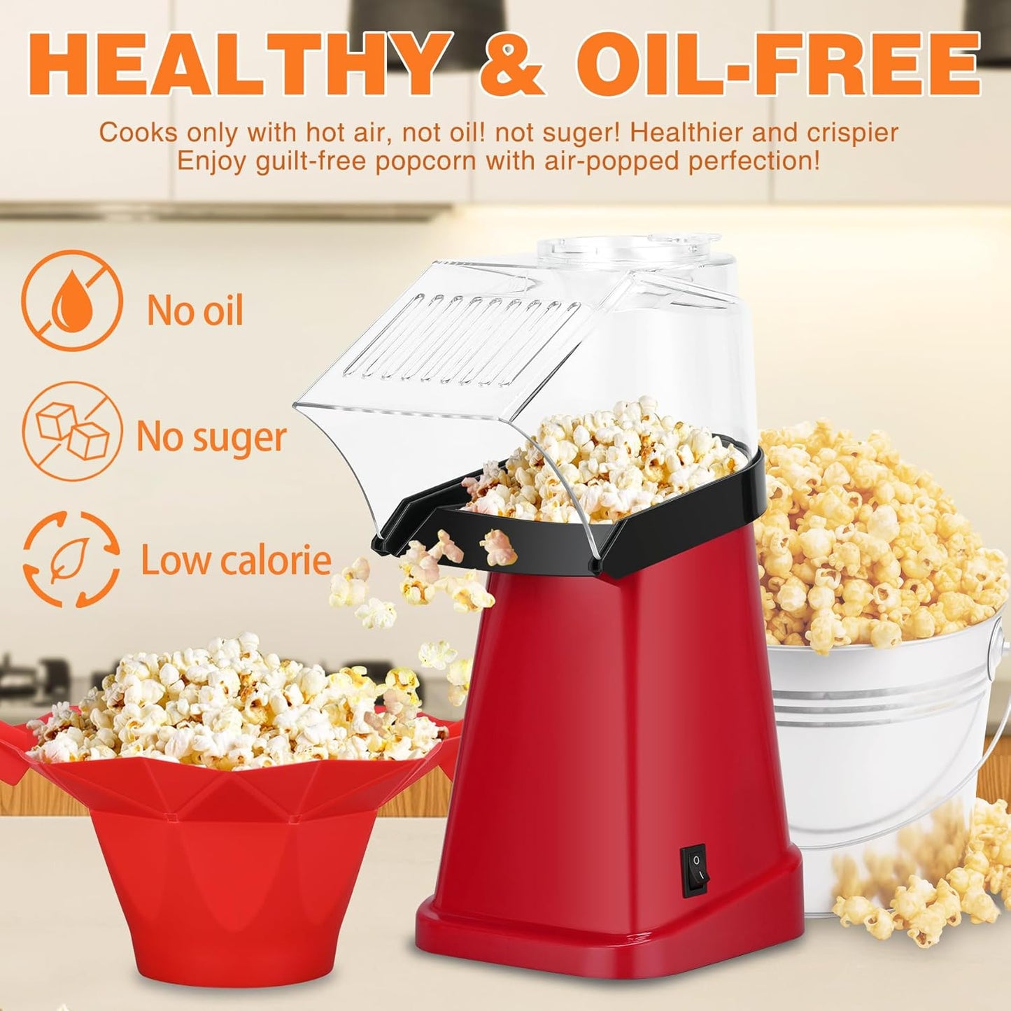Skiennix Hot Air Popcorn Popper - Fast 1200W Machine with Bowl & Butter Tray for Kids Parties