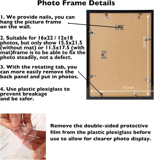 JCJMY 16x22 Picture Frame - Wall Hanging Display for 12x18 Photos with Mat or 16x22 Without Mat, Black