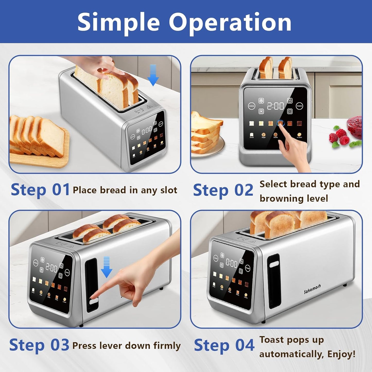Smart Toaster 4 Slice - Touch Screen Digital Toaster with 6 Browning Levels & Extra Wide Slots | 1400W Stainless Steel