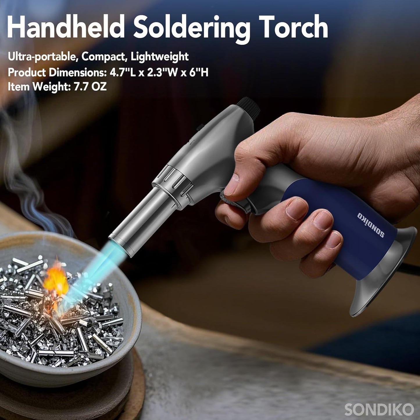 Sondiko Dual Adjustable Flame Butane Torch Lighter - Mini Blow Torch for Cooking & Crème Brûlée | Refillable with Continuous Flame Lock
