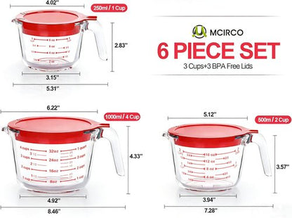 MCIRCO Glass Measuring Cups Set - 6 Pcs with Lids, Nesting Design, 1-Cup to 4-Cup Sizes