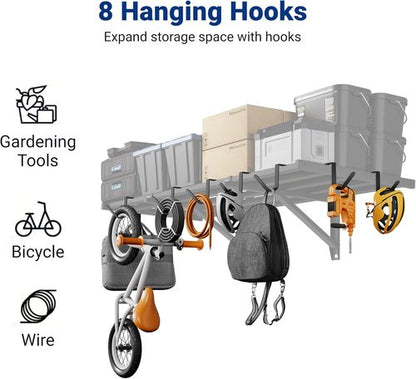 FLEXIMOUNTS 2x4ft Heavy Duty Garage Wall Shelving - 400lbs Capacity | 2-Pack with 8 Hooks for Tools & Supplies