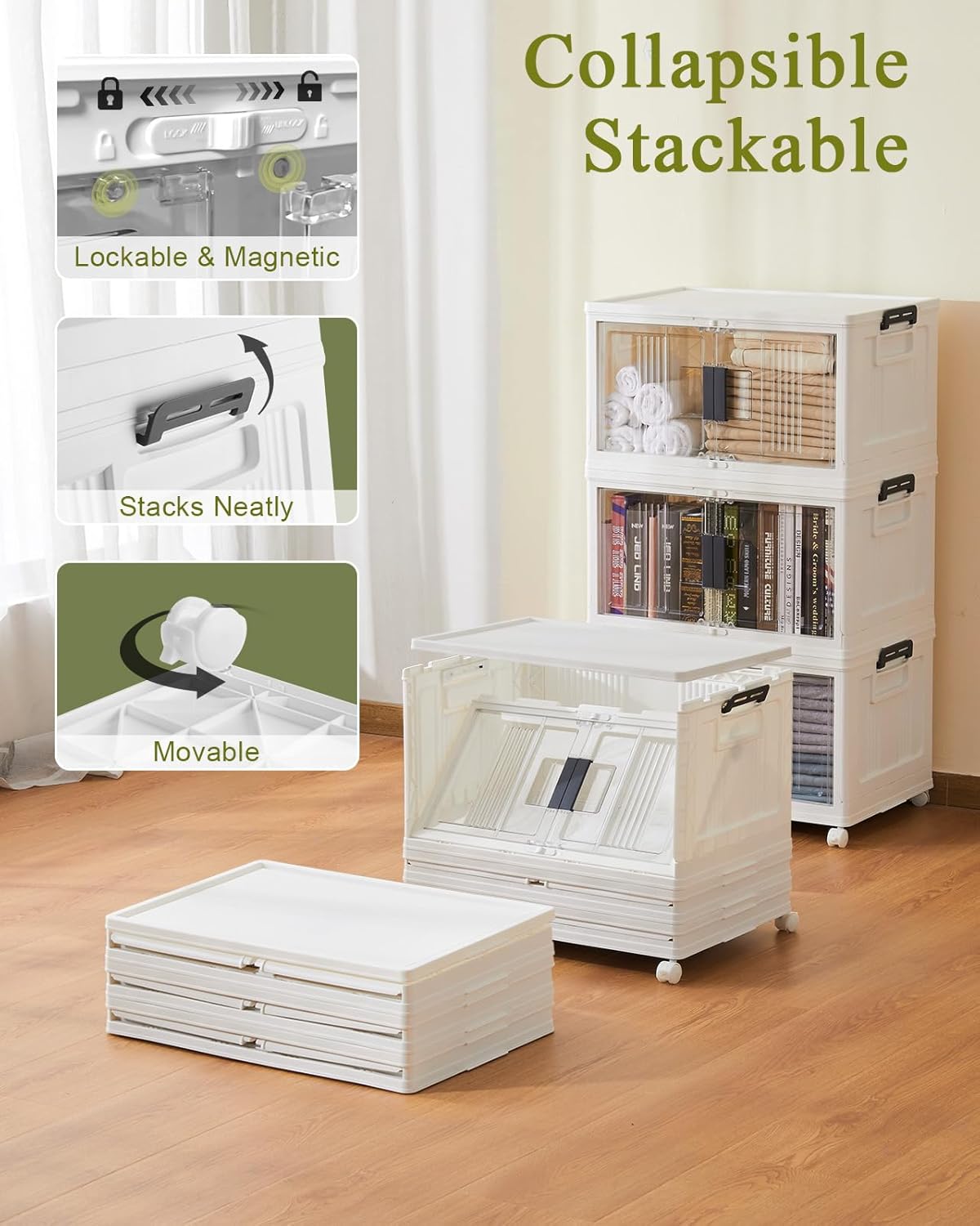 OlarHike 144QT Lockable Storage Bins - Collapsible Plastic Organizer with Lids & Wheels, 3 Pack