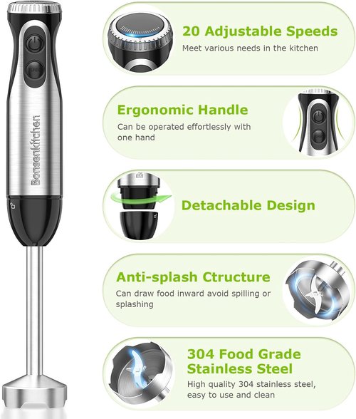 Bonsenkitchen Handheld Immersion Blender - 20-Speed Turbo Mode, 500W Stainless Steel | Perfect for Soup, Smoothies, Purees