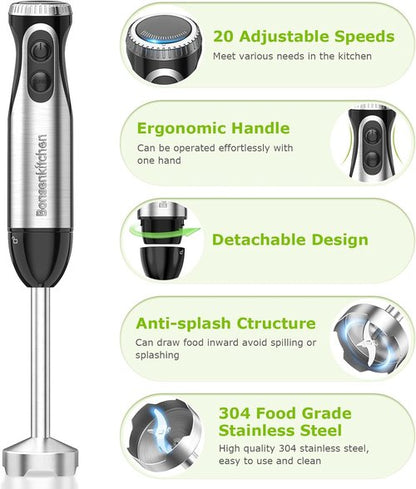 Bonsenkitchen Immersion Hand Blender - 20-Speed Turbo Mode, 500W Stainless Steel | Perfect for Soup, Smoothies, Purees