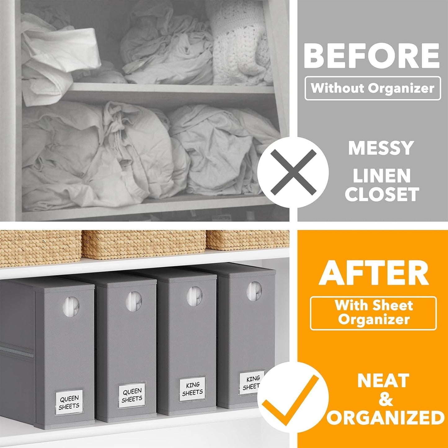 SpaceAid Bed Sheet Organizers - Foldable Linen Closet Storage | XL Queen & King Size, Gray