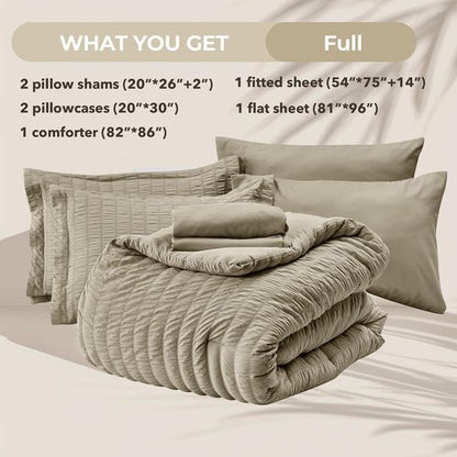 HYMOKEGE Linen Full Size Comforter Set - All Season Luxury Bedding in Seersucker Design | 7 Pieces
