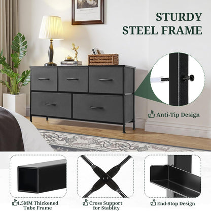 Regine Switzerland 5-Drawer Dresser - Anti-Tip Fabric Storage Organizer with Wooden Top | Gray