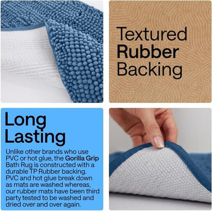 GORILLA GRIP Bath Rug Mat - Soft Absorbent Chenille | Quick-Dry Microfiber, 48x17, Blue