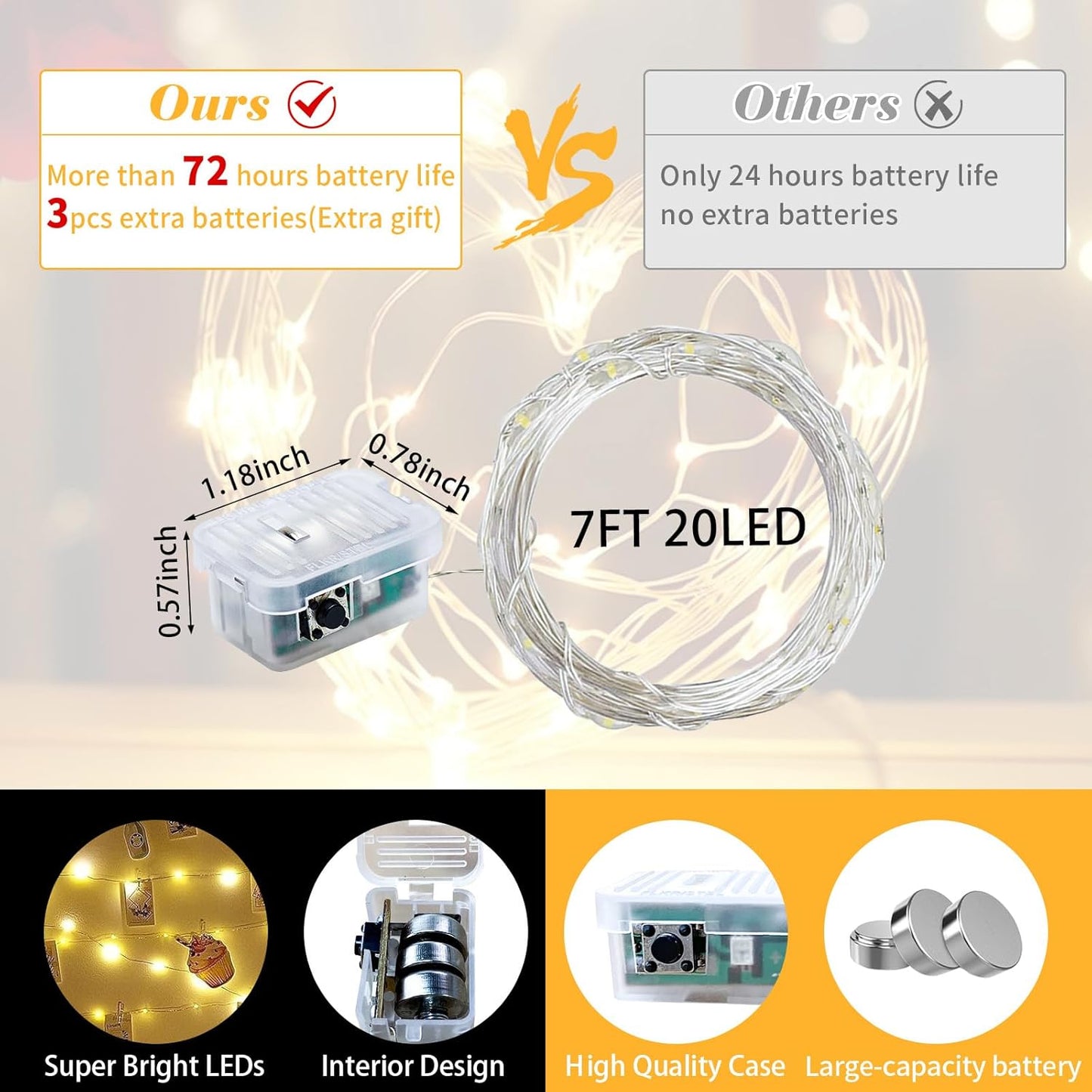 Skiennix 20 LED Fairy String Lights - 7Ft Waterproof Twinkle Lights for Weddings & Parties | Warm White & White