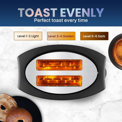 Elite Gourmet 2-Slice Toaster - Extra Wide 1.25” Slots, 6 Settings, Stainless Steel Finish