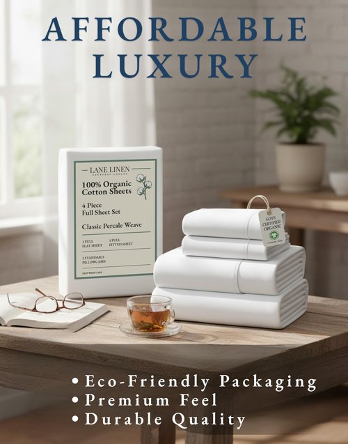 LANE LINEN 100% Organic Mercerized Cotton Pre Washed Full Size Bed Sheets, Soft & Comfy Low Pill Fade Resistance Fully Elasticized Oeko Tex Certified 15" Deep Pocket Full Sheet Set - White