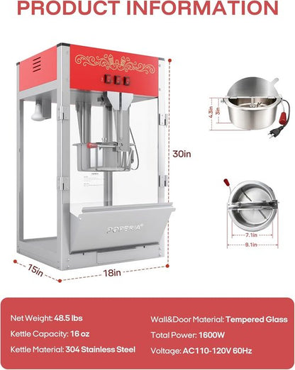 Commercial Popcorn Machine - Authentic 16oz Kettle Popcorn Maker with Warming Deck | 1600W Red