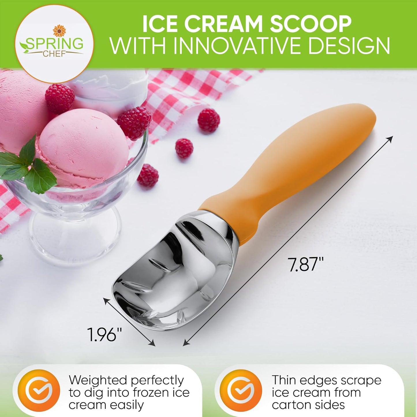 Spring Chef Ice Cream Scoop - Professional Heavy-Duty Sturdy Scooper with Soft Grip Handle | Ideal for Gelato, Sorbet, Cookie Dough