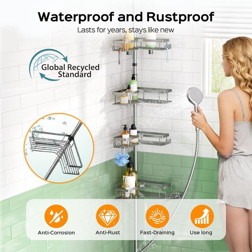 HAMITOR Shower Caddy Tension Pole - 4-Tier Rustproof Bathroom Organizer with Soap Holder | Adjustable 47-123 Inch for Small Spaces