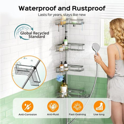 HAMITOR Shower Caddy Tension Pole - 4-Tier Rustproof Bathroom Organizer with Soap Holder | Adjustable 47-123 Inch for Small Spaces