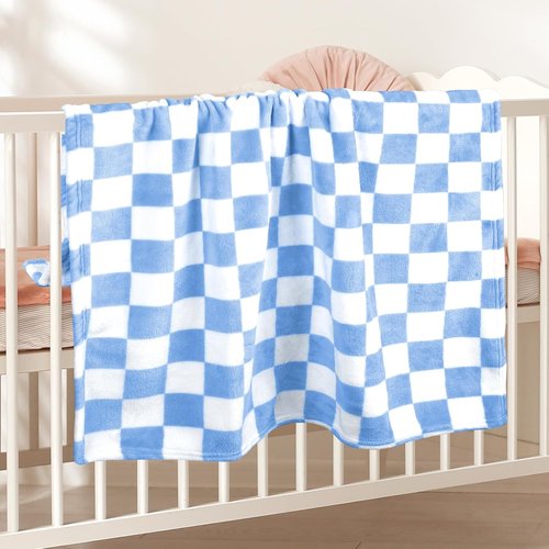 GreatBba Plush Checkered Baby Blanket - Warm Chenille Fleece for Infants | 30" x 40" - Blue & White
