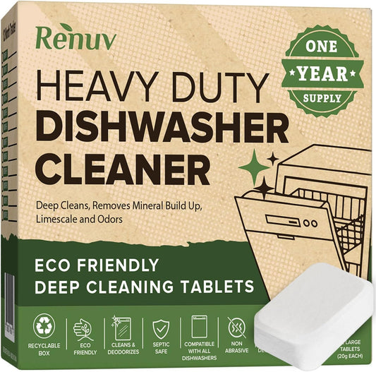 Renuv® Dishwasher Cleaner Tablets - Heavy Duty Deodorizer & Descaler for Hard Water Marks | 12 Tabs