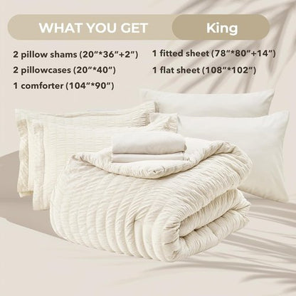 HYMOKEGE King Size Comforter Set - Luxury 7-Piece Ivory Seersucker Bedding for All Seasons | Includes Comforters, Sheets & Pillowcases