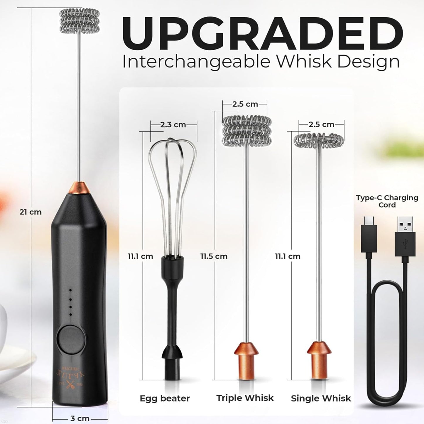 Zulay Kitchen Rechargeable Milk Frother | 3 Speeds & 3 Whisk Attachments - USB Charging, Perfect for Lattes & Cappuccinos - Black Copper
