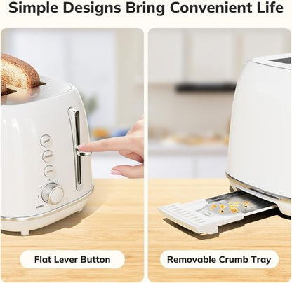 Keenstone Toaster - Retro 2-Slice Stainless Steel Design | 6 Browning Levels & Removable Crumb Tray - White