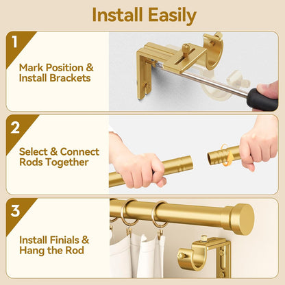 YaFex Curtain Rods - Heavy Duty 1 Inch Adjustable Window Treatment Rods | 32-84 Inch, Modern Gold Design