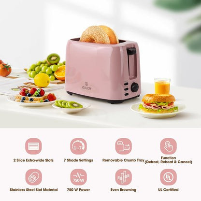 iSiLER 2-Slice Toaster - 1.3-Inch Wide Slot Bagel Toaster with 7 Shade Settings | Pink Finish, Removable Crumb Tray