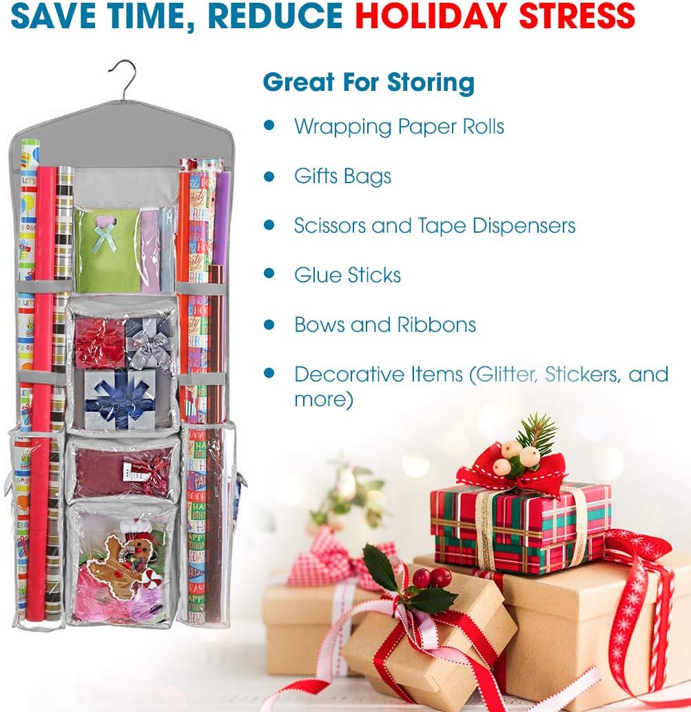 ProPik Christmas Wrapping Paper Storage Organizer - Double-Sided with Multiple Pockets, 40"X17" Clear PVC Bag (Grey)