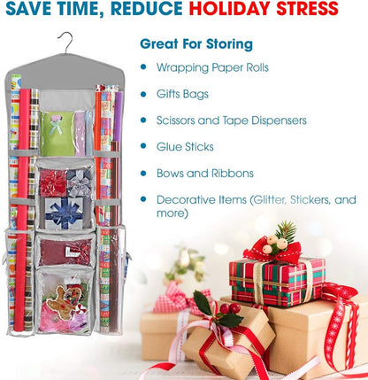 ProPik Christmas Wrapping Paper Storage Organizer - Double-Sided with Multiple Pockets, 40"X17" Clear PVC Bag (Grey)