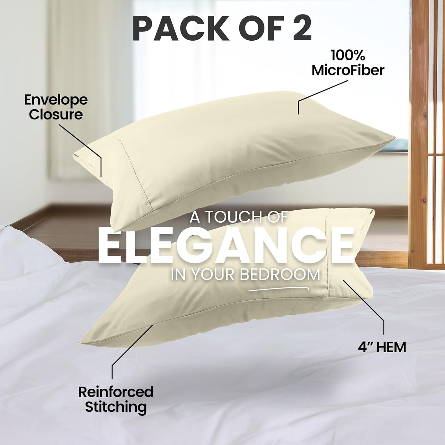 Utopia Bedding Queen Pillow Cases - Soft Brushed Microfiber - 2 Pack, Ivory | 20 x 30 Inches