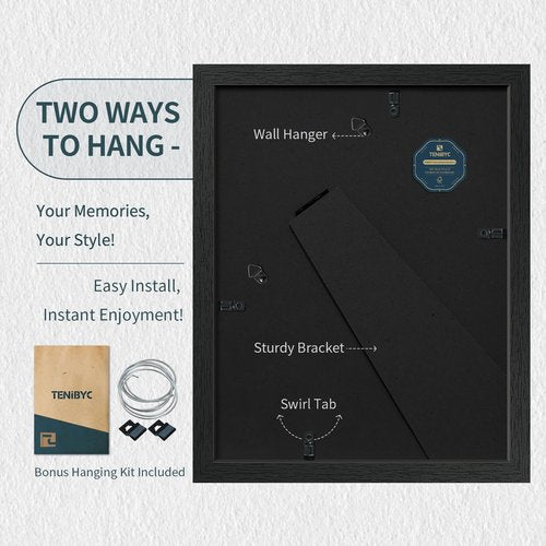 TENIBYC 8.5 by 11 Picture Frame Set of 3 - Black Woodgrain, Solid Wood & HD Tempered Glass, Table Display or Wall Hanging