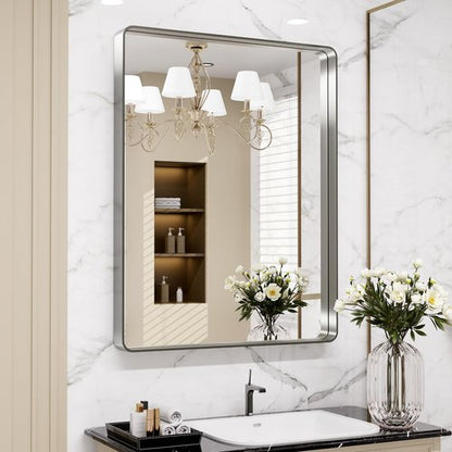 LOAAO 30X36 Inch Brushed Nickel Bathroom Mirror, Rounded Rectangle Silver Metal Frame Mirror, Brushed Nickel, Anti-Rust, Shatter Proof, Hangs Horizontally or Vertically