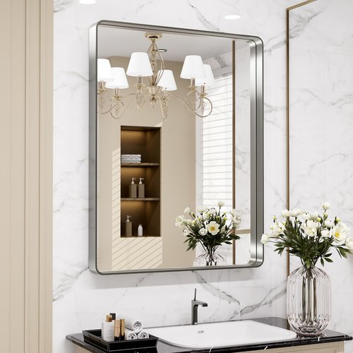 LOAAO 24X36 Inch Brushed Nickel Bathroom Mirror, Rounded Rectangle Silver Metal Frame Mirror, Brushed Nickel, Anti-Rust, Hangs Horizontally or Vertically