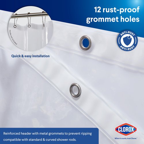 Clorox Shower Curtain Liner, Premium Lightweight Durable Waterproof 4g PEVA for Bathroom with Weighted Magnets, Standard Size 70" x 72", Clear 2 Pack