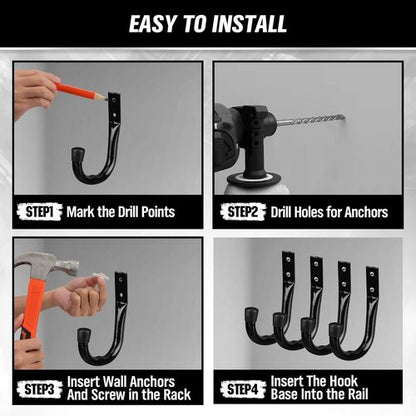 Heavy Duty Garage Storage Hooks - 6-Piece Bike Wall Mount J Hook Set for Organizing Tools & Cords