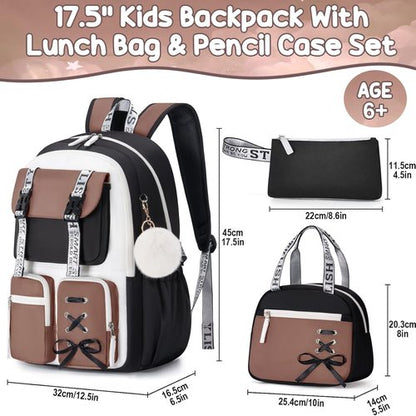 Fimibuke Girls Backpack Set - 3 PCS Waterproof with Lunch Box & Pencil Case | Perfect for School & Travel