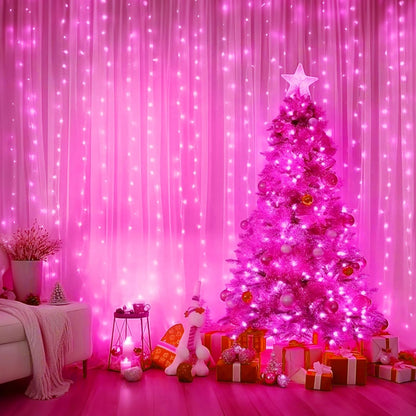 Minetom 300 LED Dimmable Fairy Curtain Lights - Remote & Timer, 8 Modes, USB Powered, Pink Indoor Decor