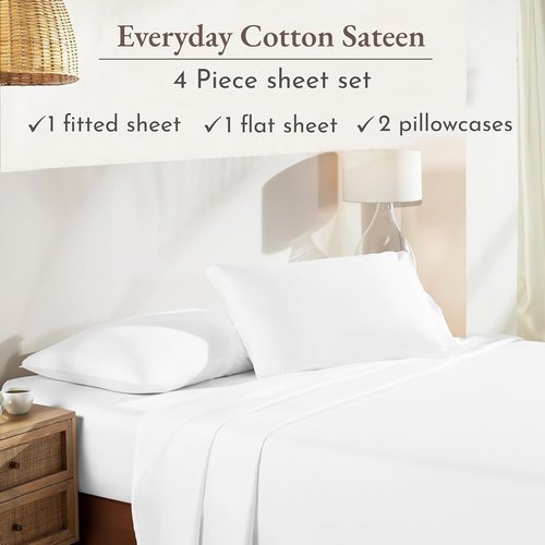 California Design Den King Size Sheets Set - 100% Natural Cotton, Soft Sateen Weave, Deep Pockets (White)