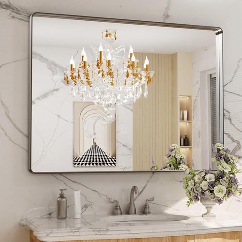 LOAAO Brushed Nickel Bathroom Mirror - 48x36 Inch Rounded Rectangle, Anti-Rust & Shatterproof Design
